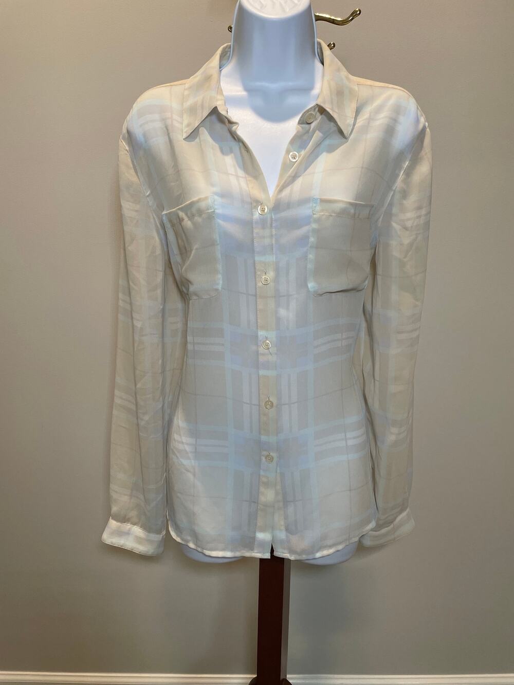 LOFT Sheer Plaid Button Up Blouse Size L Cream Light Blue